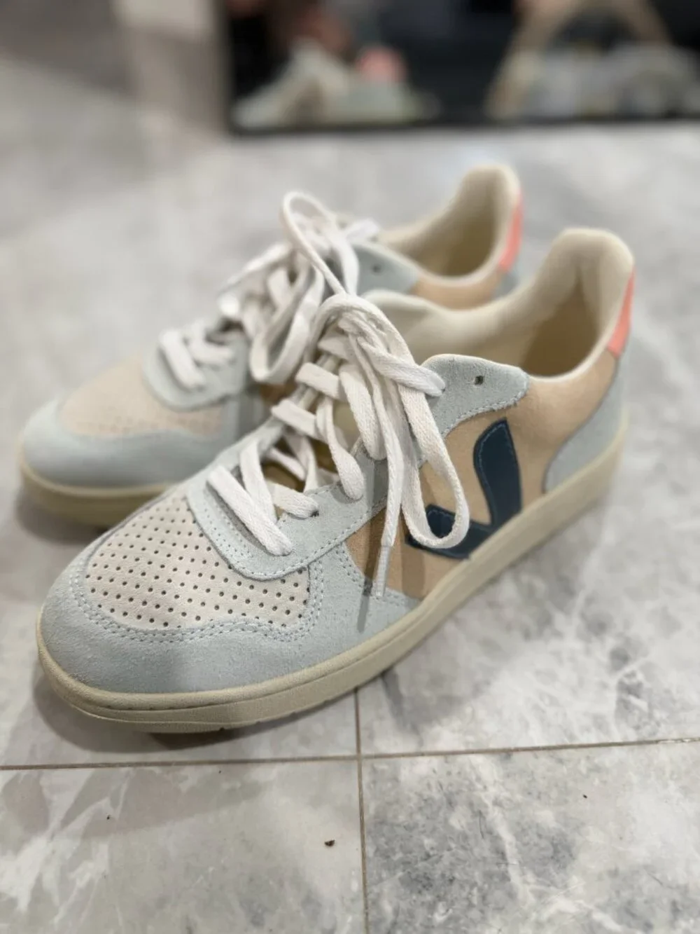 Veja Women's Sneakers in Cream, Beige & Navy with Coral Heel Tab